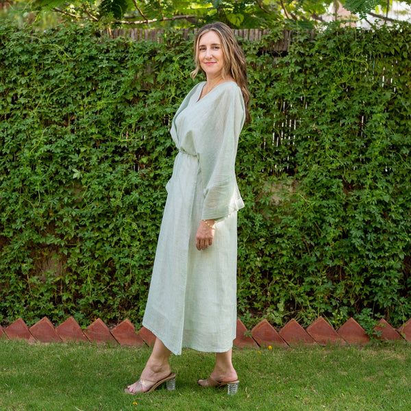 Light Green Cotton Muslin Checkered Maxi Kimono Dress