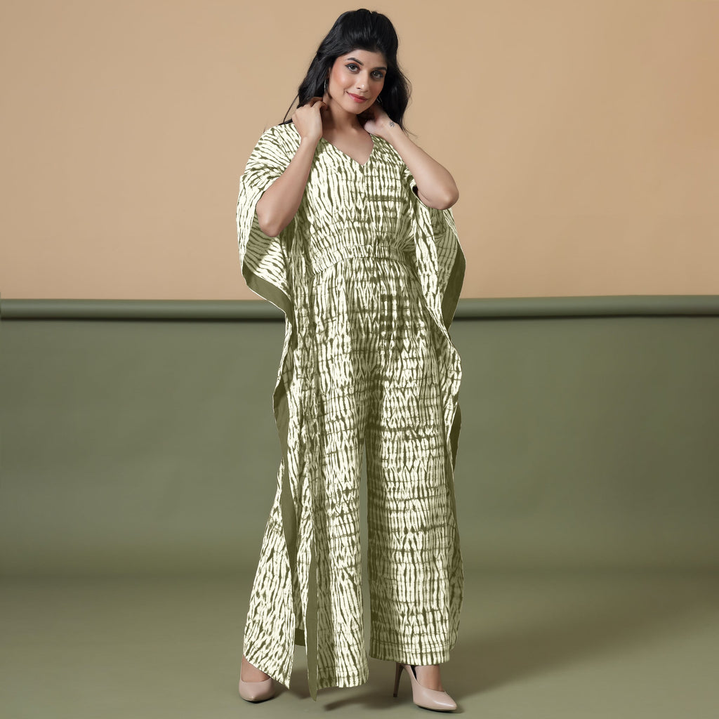Front View of a Model wearing Light Green Shibori V-Neck Cotton Kaftan Jumpsuit