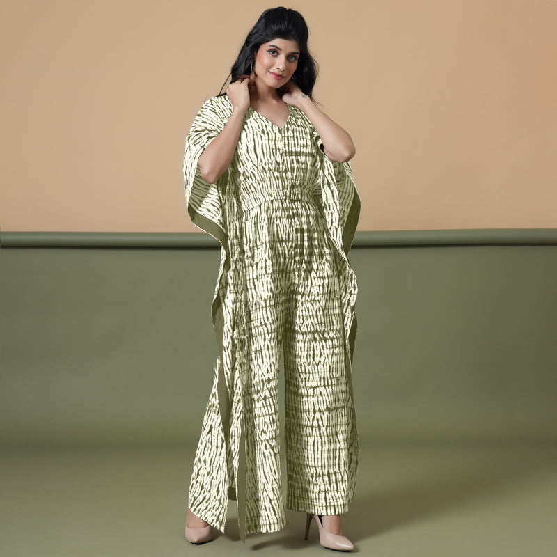 Front View of a Model wearing Light Green Shibori V-Neck Cotton Kaftan Jumpsuit