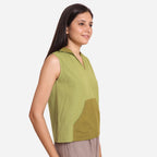 Right View of a Model wearing Light Green Cotton Flax Kangaroo Pocket Hoodie Top