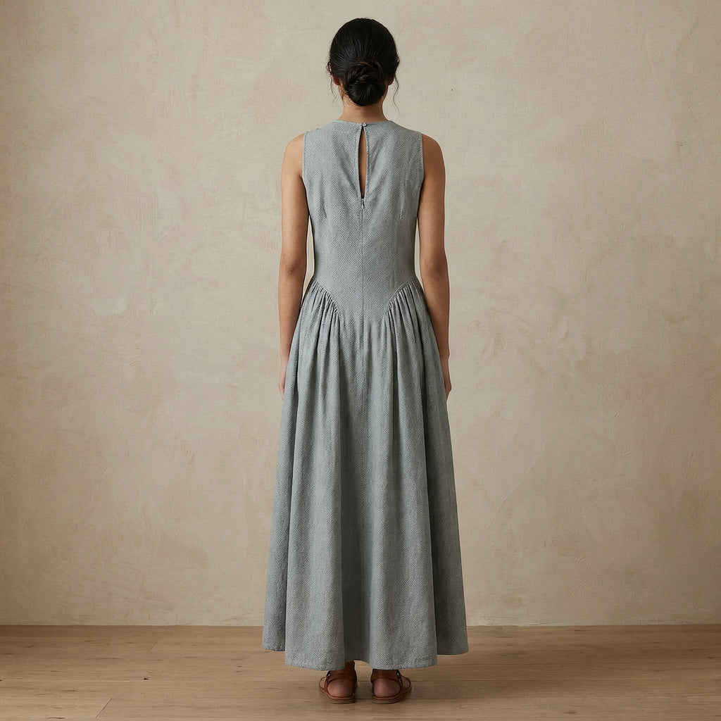 Light Grey Cotton Flannel Sleeveless Paneled Maxi Dress