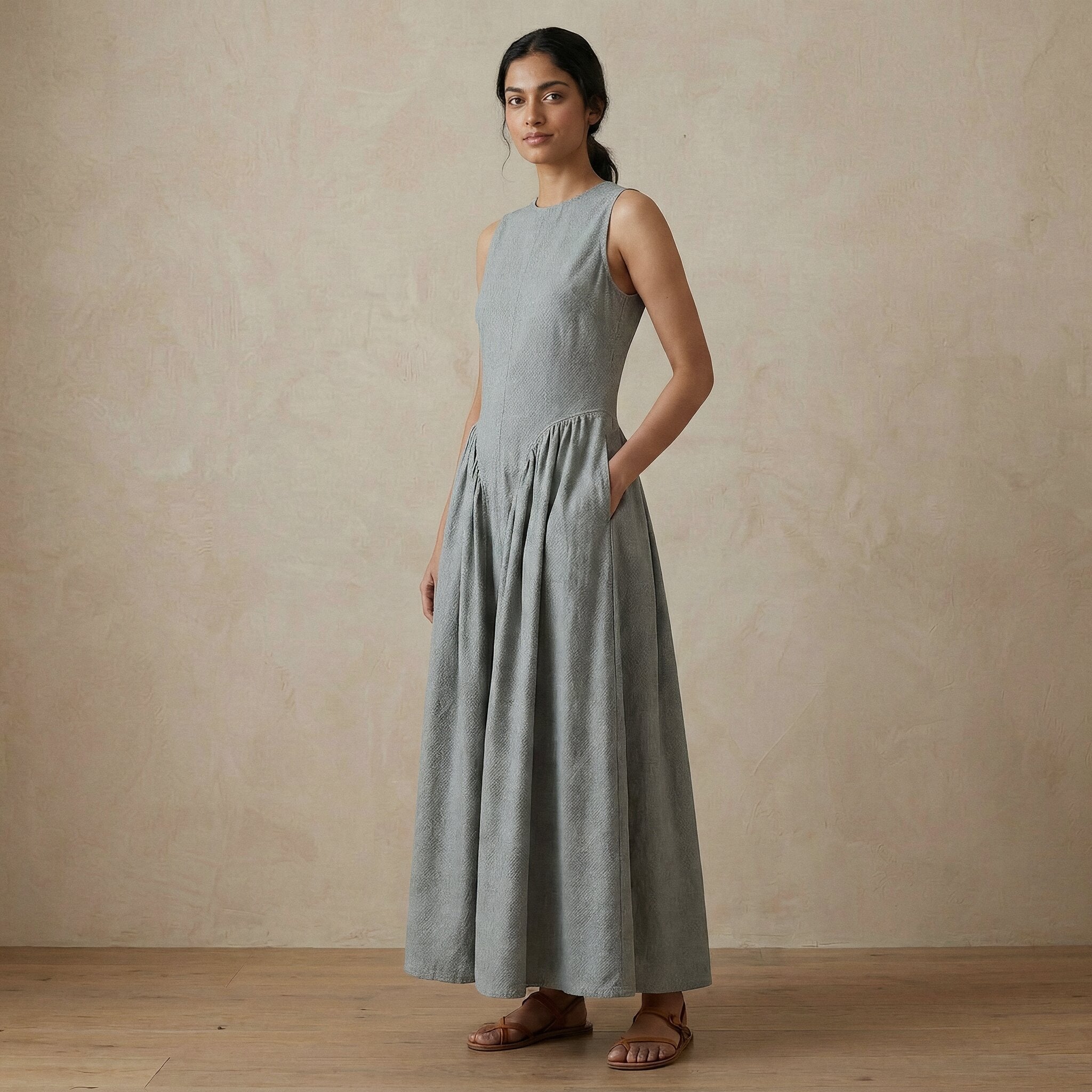 Light Grey Cotton Flannel Sleeveless Paneled Maxi Dress