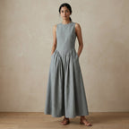 Light Grey Cotton Flannel Sleeveless Paneled Maxi Dress