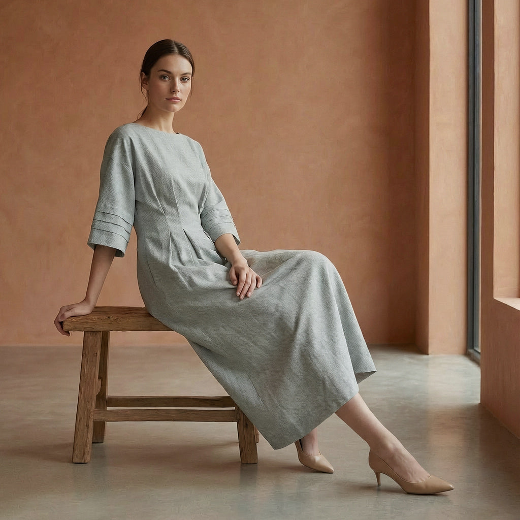 Light Grey Warm Cotton Flannel Boat Neck Maxi Dress with Kimono Sleeves