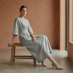 Light Grey Warm Cotton Flannel Boat Neck Maxi Dress with Kimono Sleeves