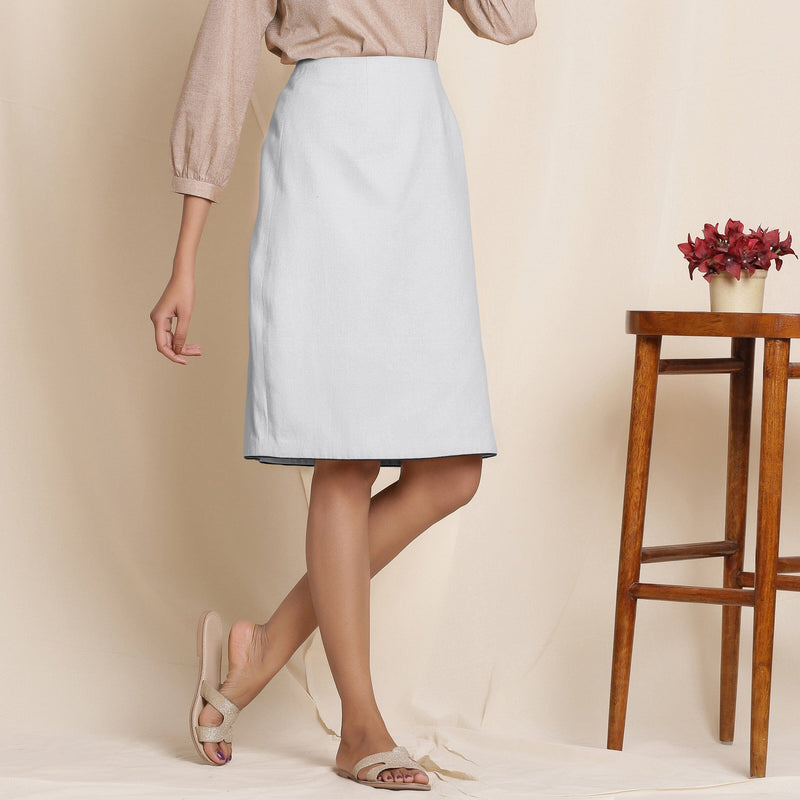 Right View of a Model wearing Light Grey Warm Cotton Flannel Knee-Length Pencil Skirt