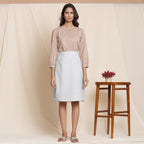 Front View of a Model wearing Light Grey Warm Cotton Flannel Knee-Length Pencil Skirt