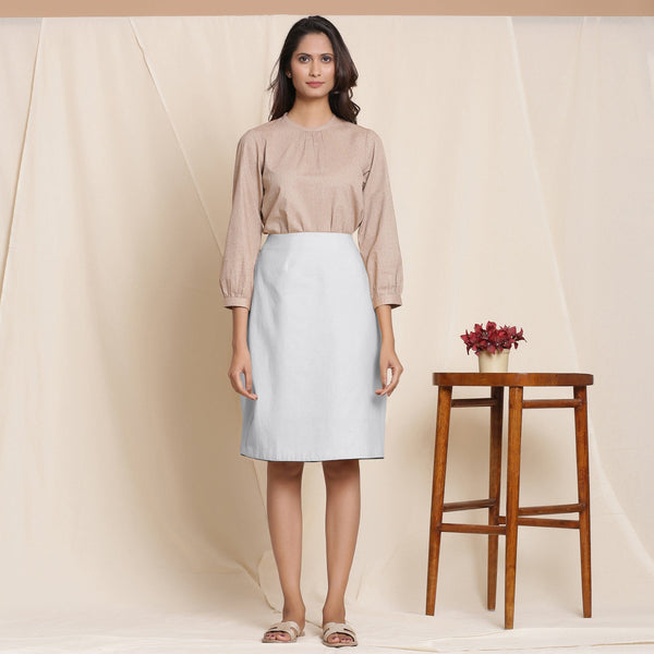 Front View of a Model wearing Light Grey Warm Cotton Flannel Knee-Length Pencil Skirt
