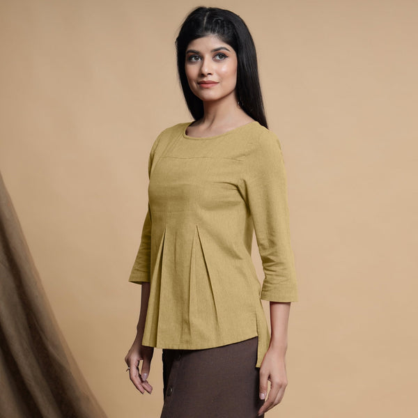 Light Khakhi Box-Pleated High Low Top