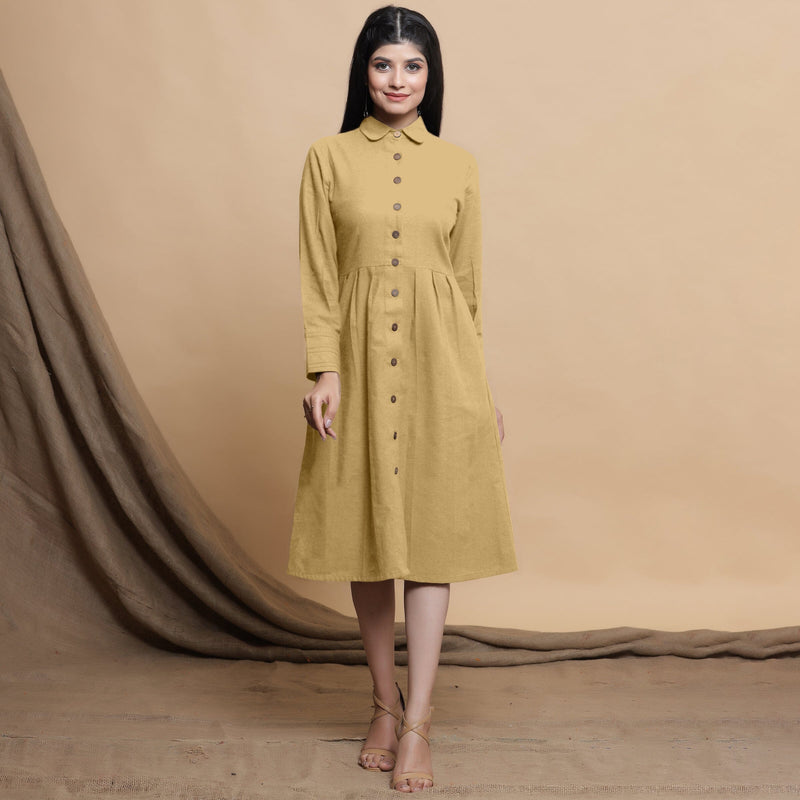 Front View of a Model wearing Light Khakhi Button Down Cotton Flax Knee Length Formal Dress