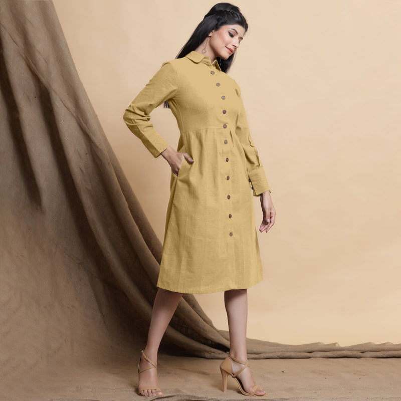 Right View of a Model wearing Light Khakhi Button Down Cotton Flax Knee Length Formal Dress