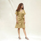 Light Khakhi Cotton Flax A-Line Knee Length Wrap Dress