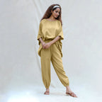 Light Khakhi Cotton Flax Boat Neck Short Kaftan Top
