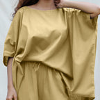 Light Khakhi Cotton Flax Boat Neck Short Kaftan Top
