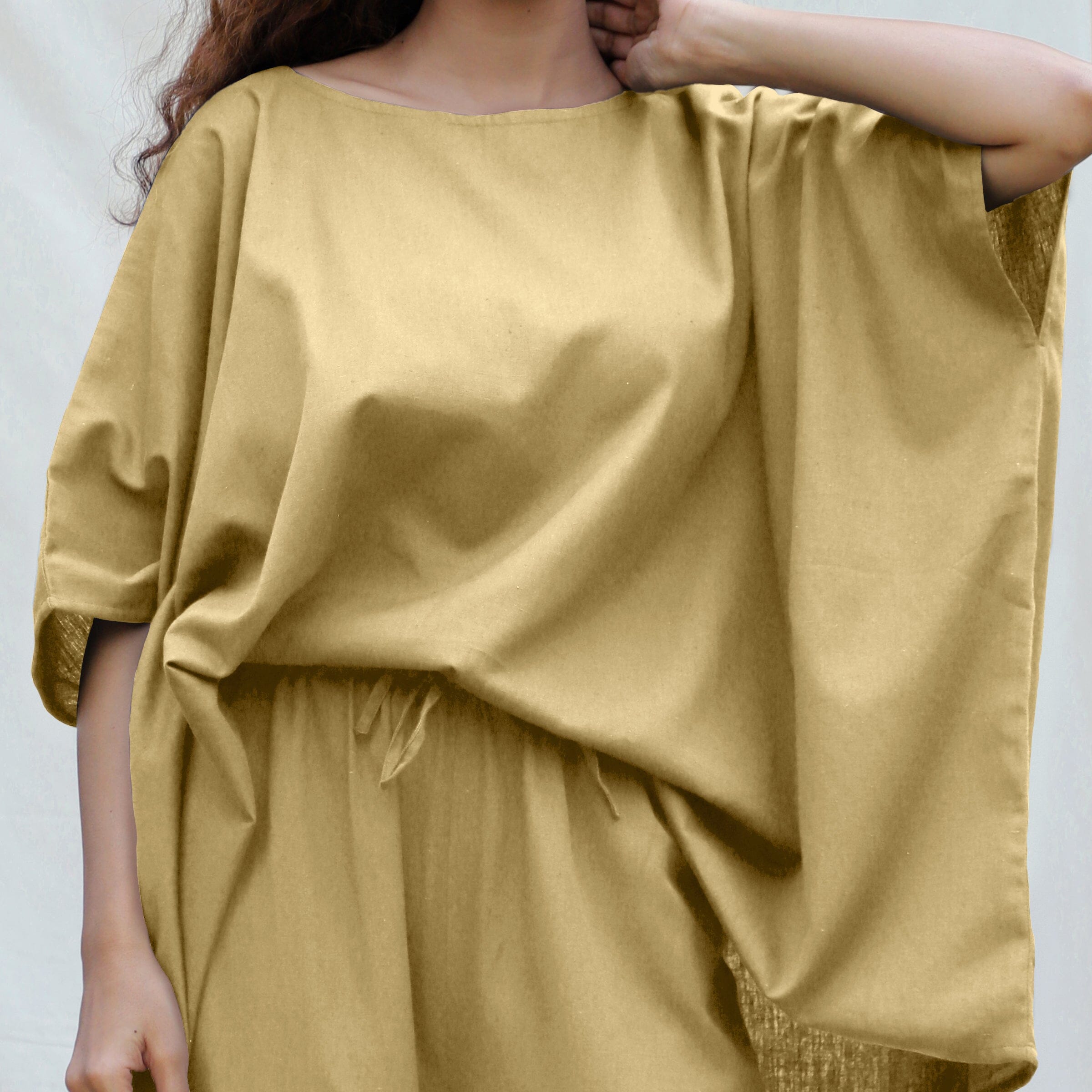 Light Khakhi Cotton Flax Boat Neck Short Kaftan Top