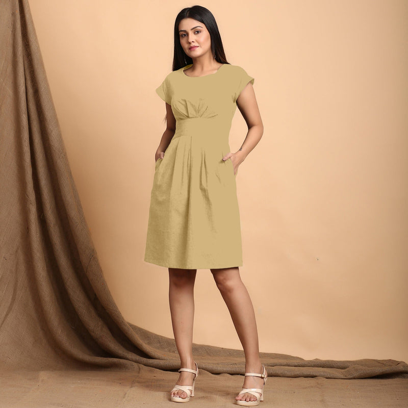 Light Khakhi Cotton Flax Pleated Cap Sleeves Short Dress