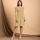 Light Khakhi Cotton Flax Pleated Cap Sleeves Short Dress