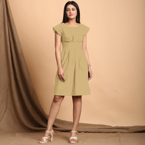 Light Khakhi Cotton Flax Pleated Cap Sleeves Short Dress