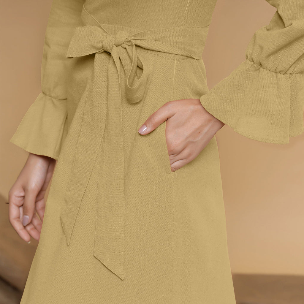 Light Khakhi Cotton Flax Mandarin Collar Floor Length Tier Dress