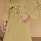 Light Khakhi Cotton Flax Mandarin Collar Floor Length Tier Dress