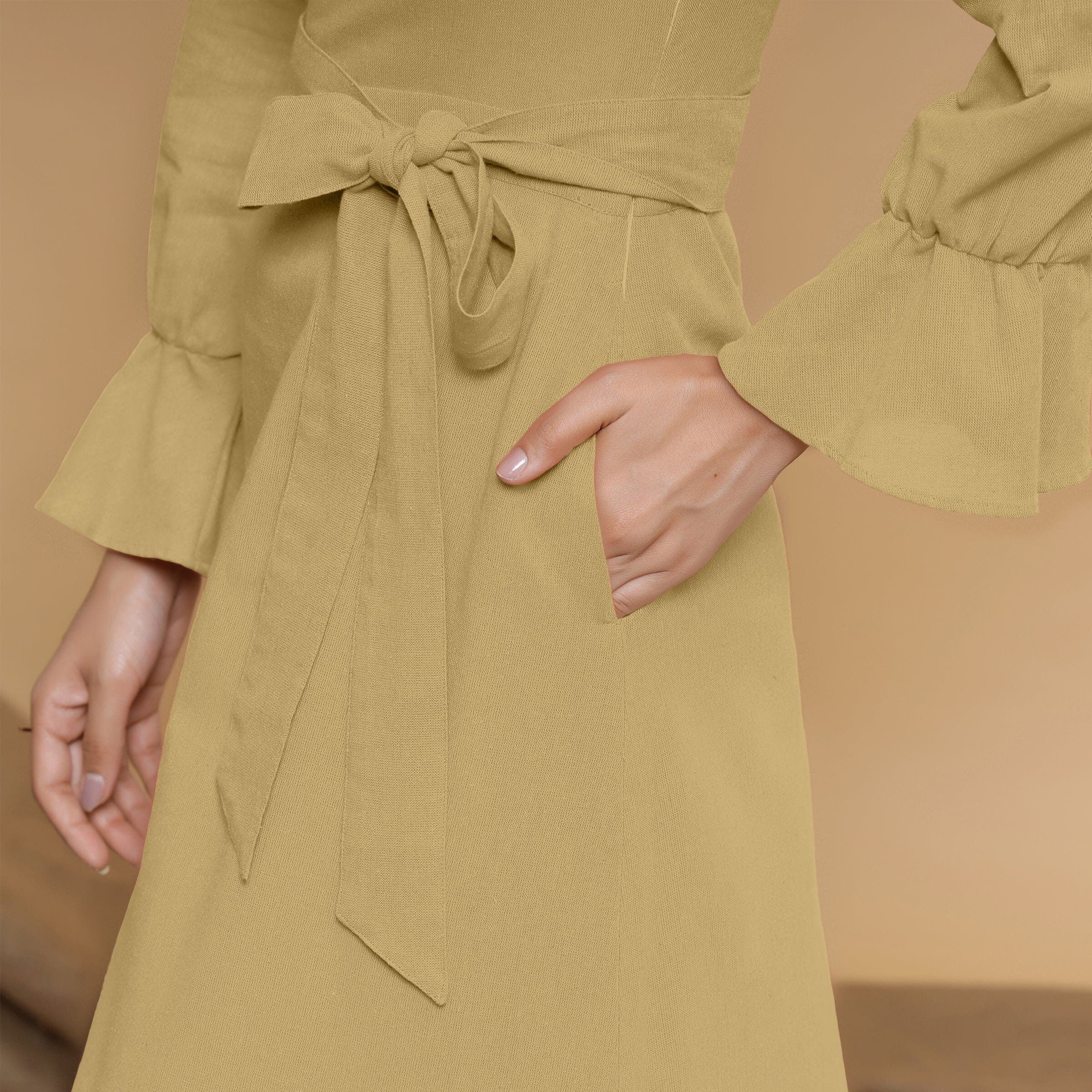 Light Khakhi Cotton Flax Mandarin Collar Floor Length Tier Dress