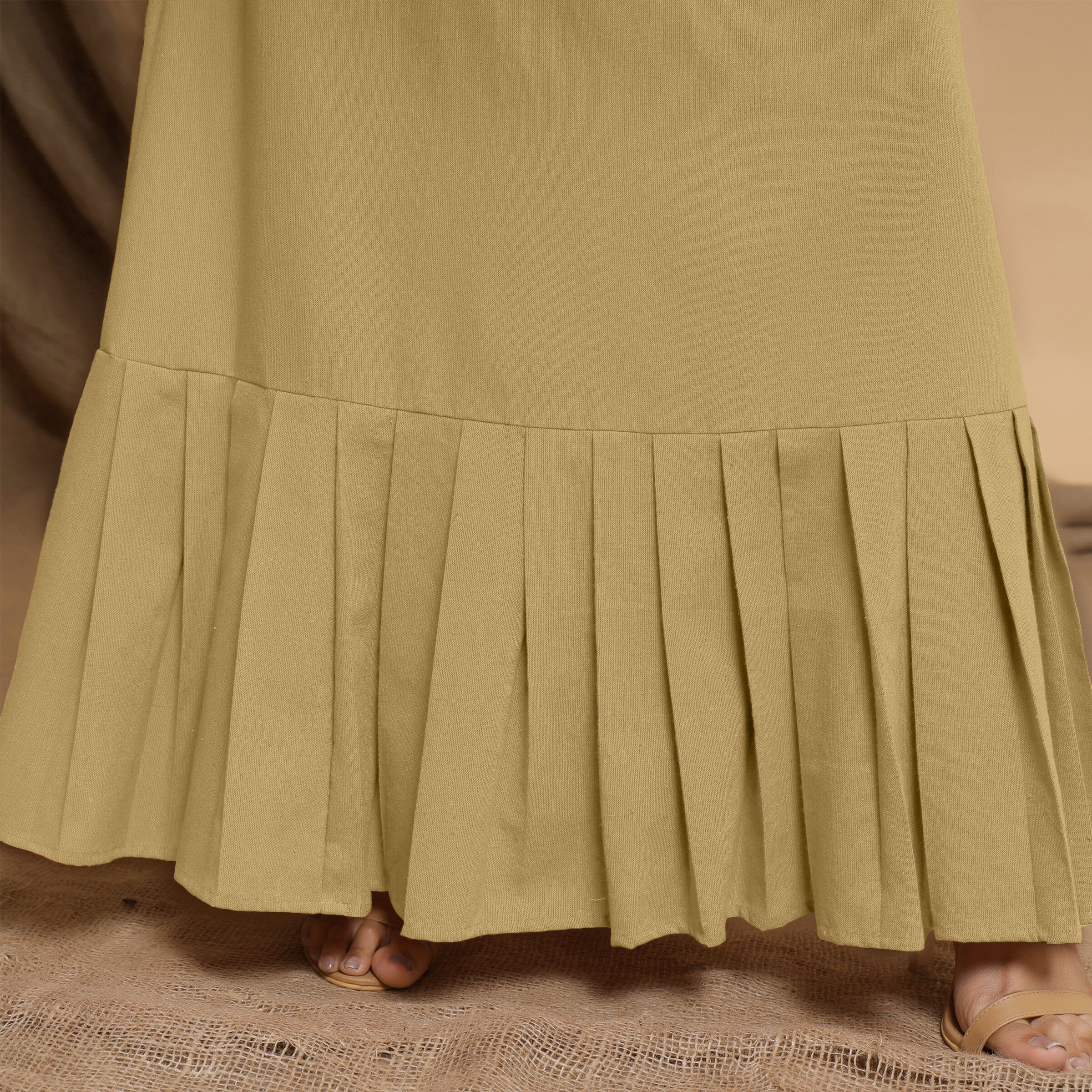 Light Khakhi Cotton Flax Mandarin Collar Floor Length Tier Dress