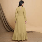 Light Khakhi Cotton Flax Mandarin Collar Floor Length Tier Dress