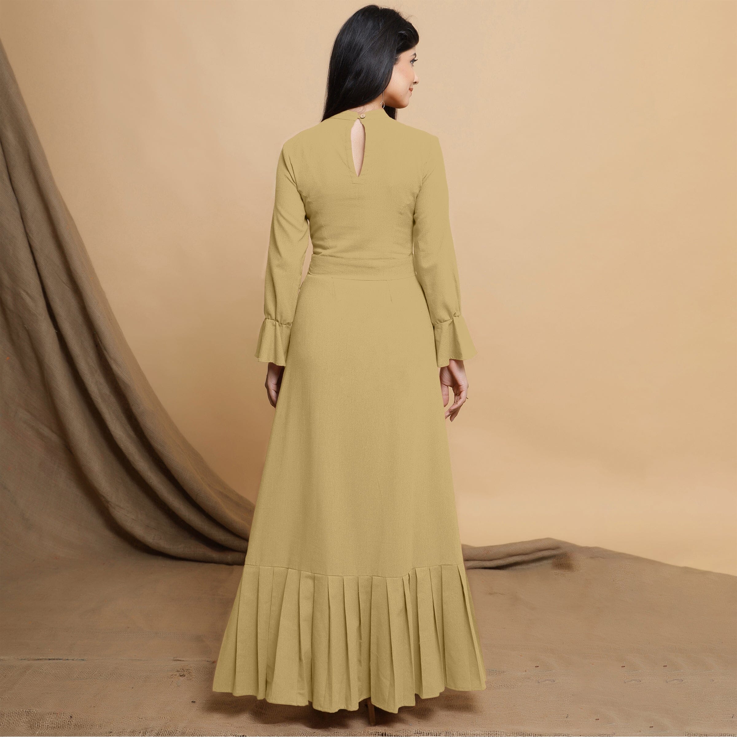 Light Khakhi Cotton Flax Mandarin Collar Floor Length Tier Dress