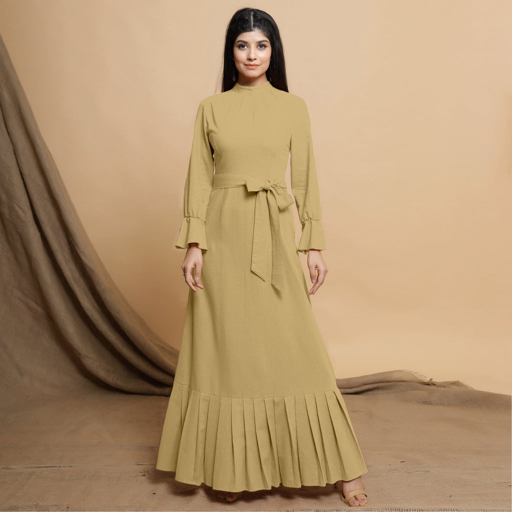Light Khakhi Cotton Flax Mandarin Collar Floor Length Tier Dress