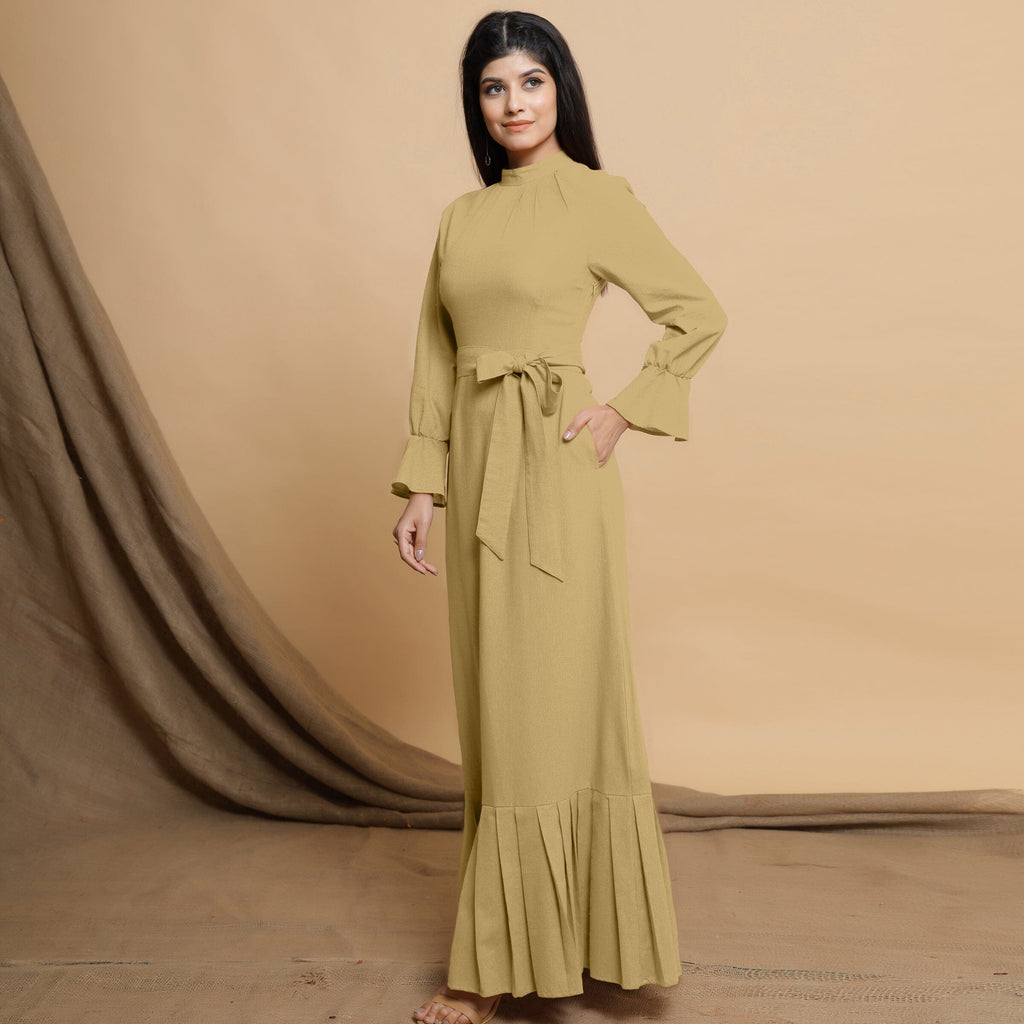 Light Khakhi Cotton Flax Mandarin Collar Floor Length Tier Dress
