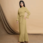 Light Khakhi Cotton Flax Mandarin Collar Floor Length Tier Dress