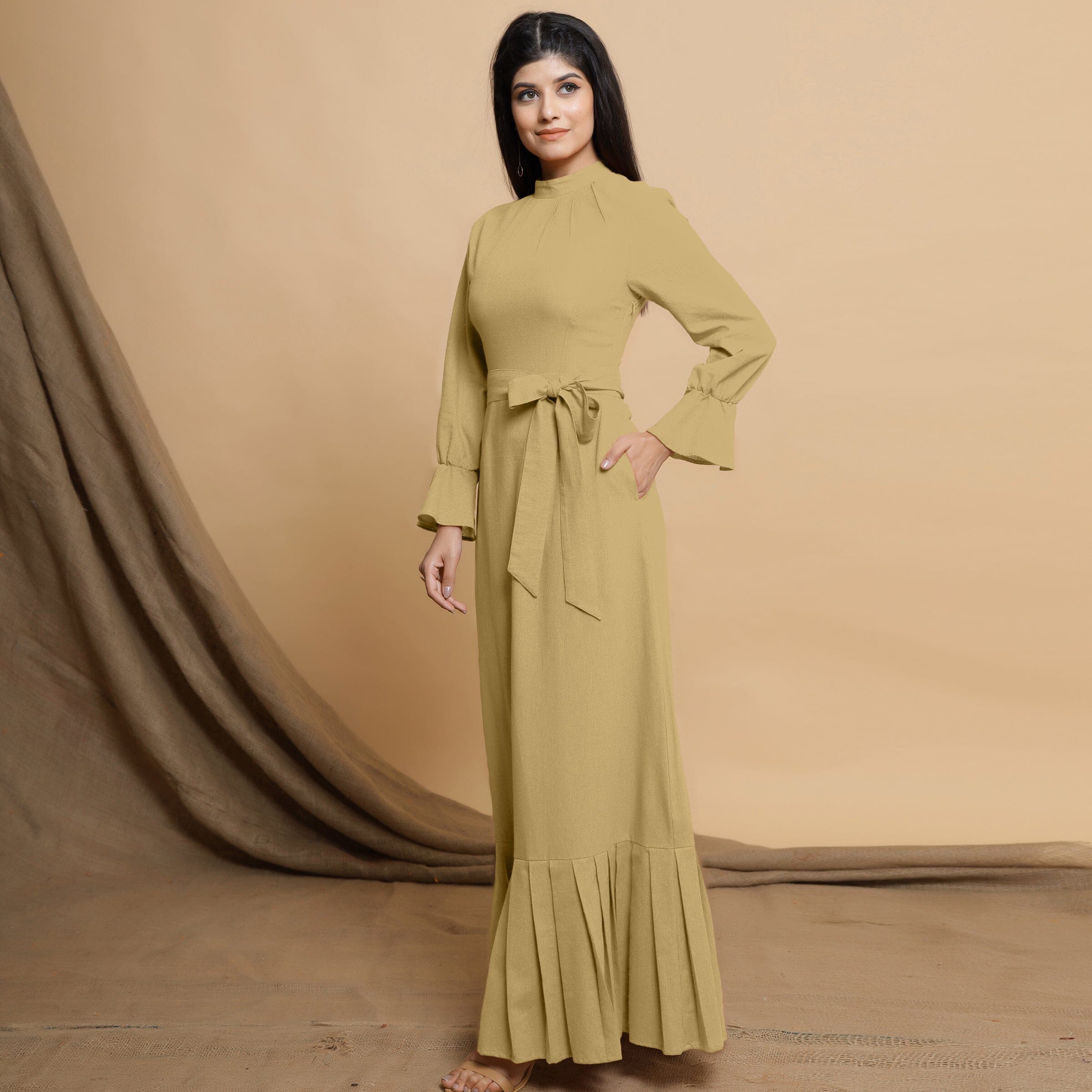 Light Khakhi Cotton Flax Mandarin Collar Floor Length Tier Dress