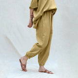 Light Khakhi Cotton Flax High-Rise Elasticated Jogger Pant