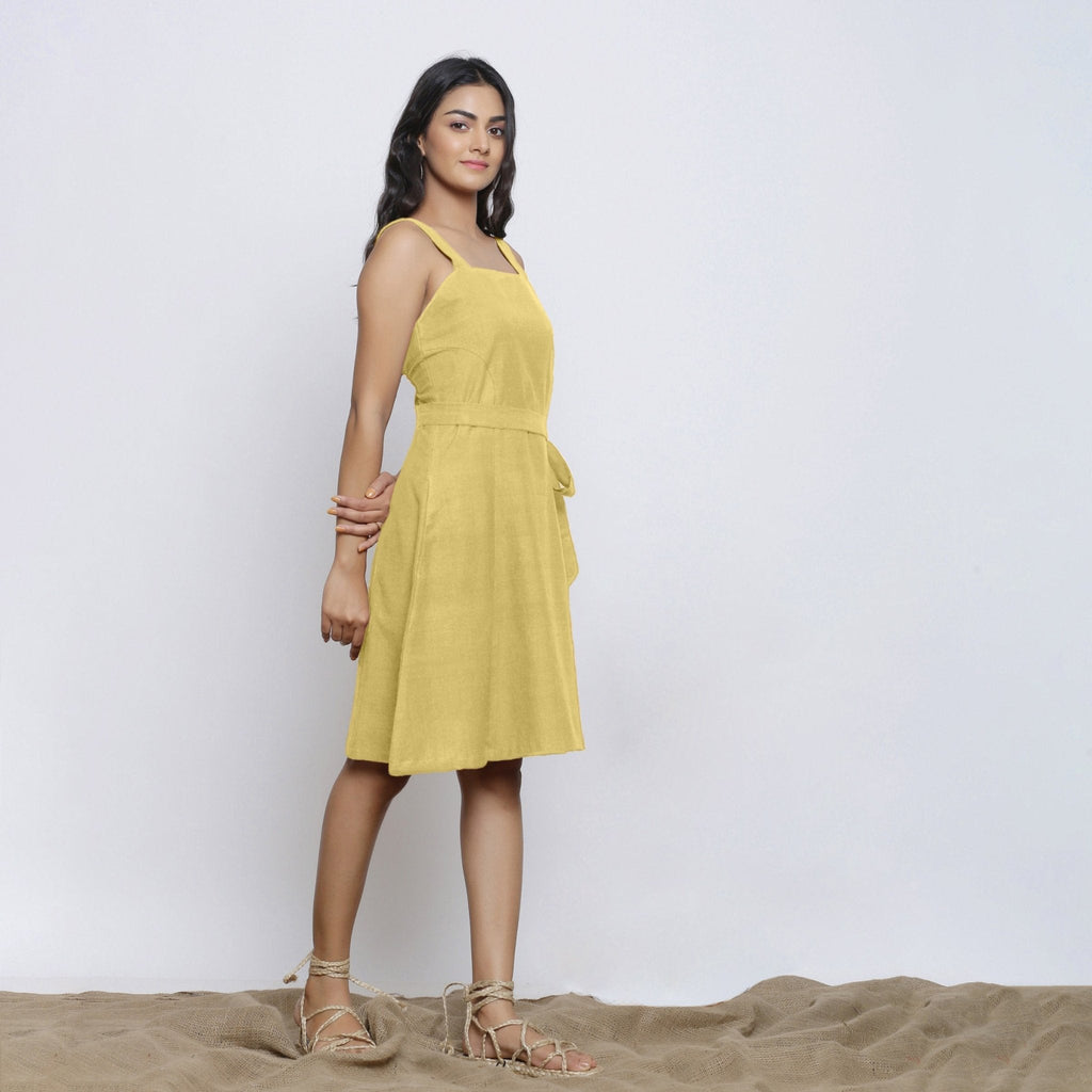 Light Khakhi Cotton Flax Knee Length Princess Line Dress