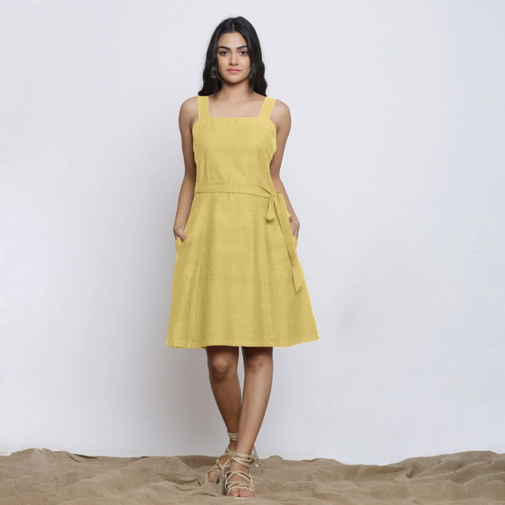 Light Khakhi Cotton Flax Knee Length Princess Line Dress