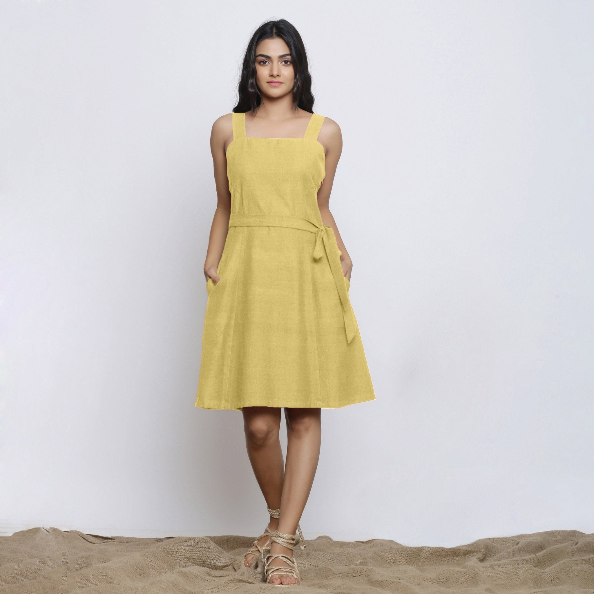 Light Khakhi Cotton Flax Knee Length Princess Line Dress