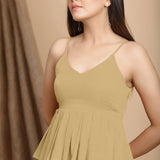 Front Detail of a Model wearing Light Khakhi Cotton Flax Pleated Camisole Top