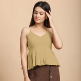 Front View of a Model wearing Light Khakhi Cotton Flax Pleated Camisole Top