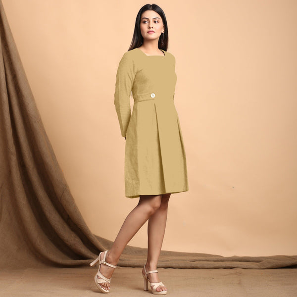 Light Khakhi Cotton Flax Square Neck Pleated Short Dress