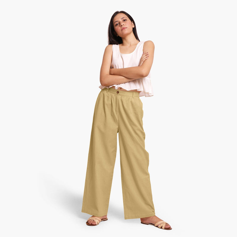 Front View of a Model wearing Light Khakhi Cotton Flax Wide Legged Straight Pant