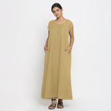 Front View of a Model wearing Light Khaki Cotton Flax A-Line Paneled Dress