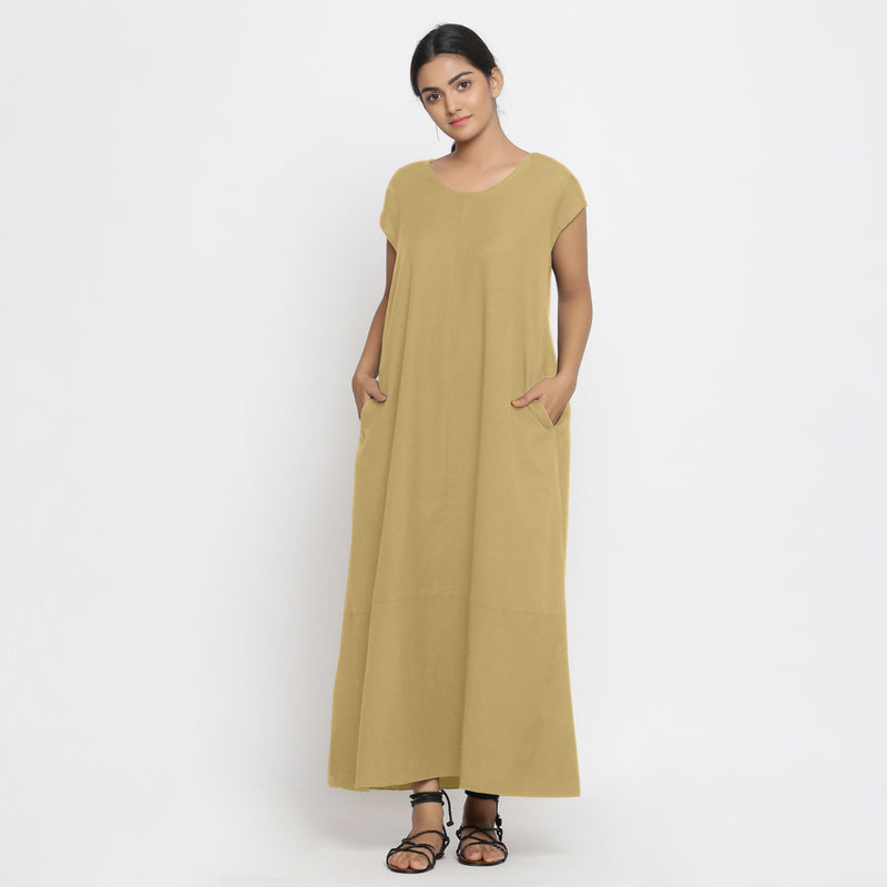 Front View of a Model wearing Light Khaki Cotton Flax A-Line Paneled Dress