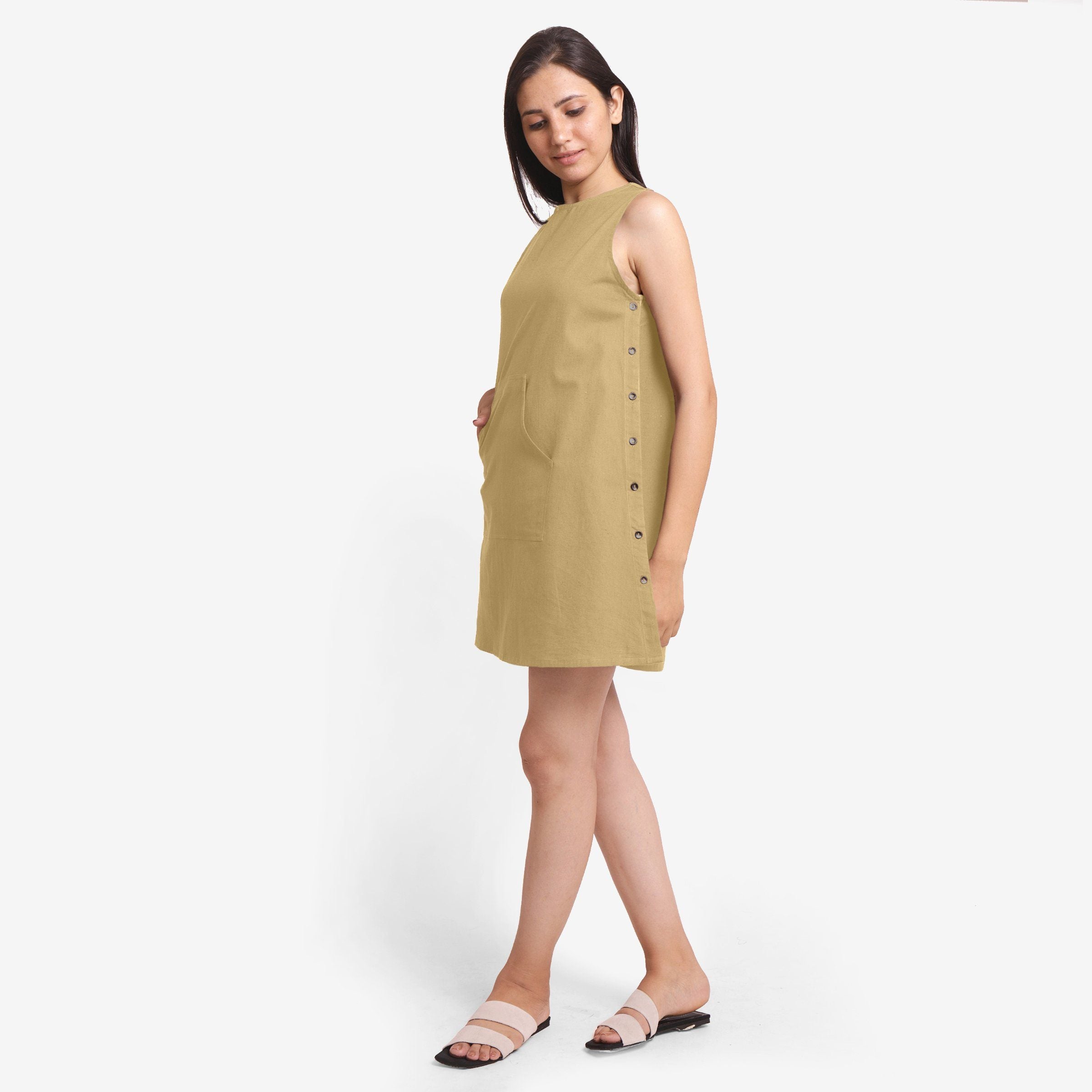 Left View of a Model wearing Light Khaki Cotton Flax Kangaroo Pocket Dress