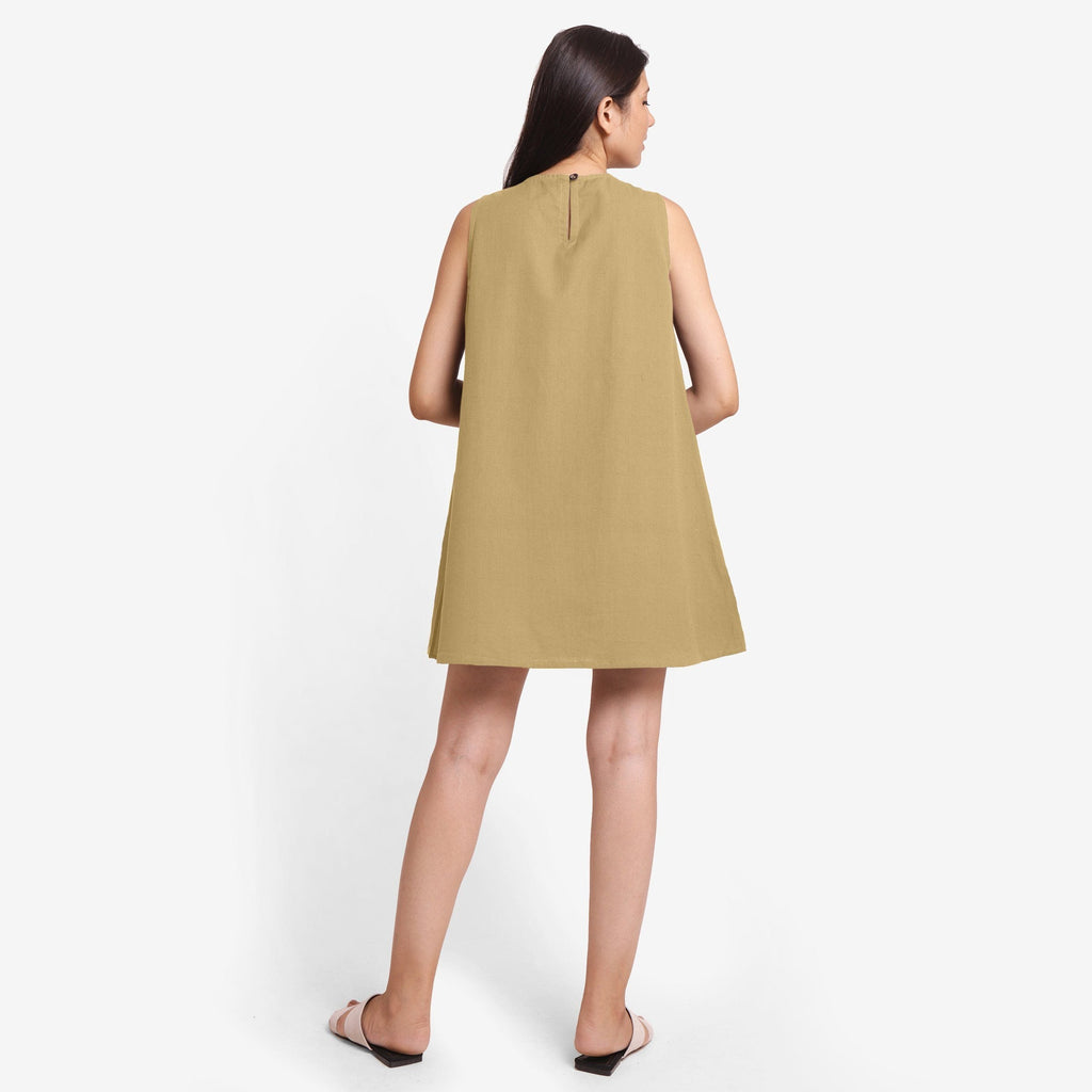 Back View of a Model wearing Light Khaki Cotton Flax Kangaroo Pocket Dress