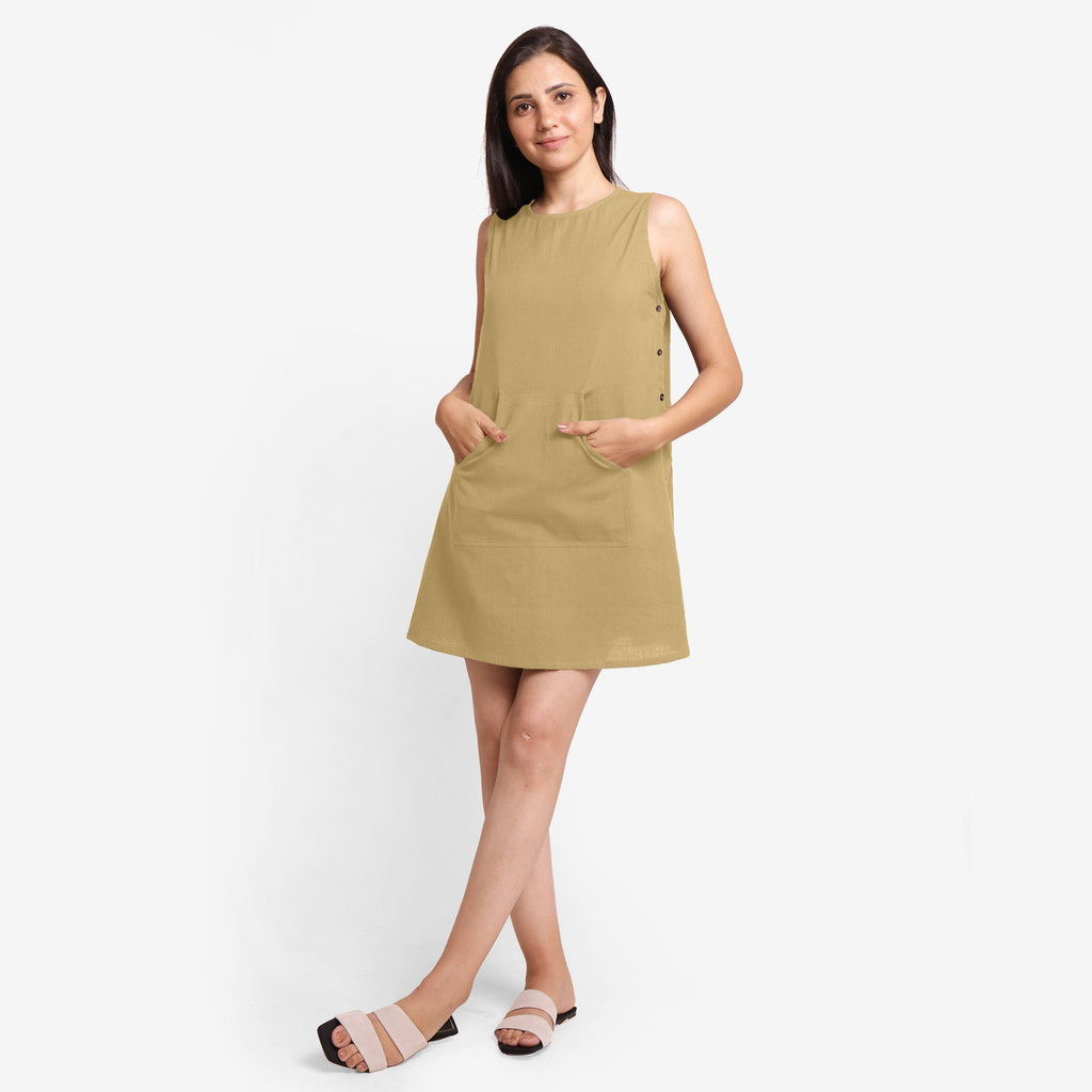Front View of a Model wearing Light Khaki Cotton Flax Kangaroo Pocket Dress