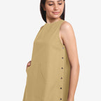 Left Detail of a Model wearing Light Khaki Cotton Flax Kangaroo Pocket Dress