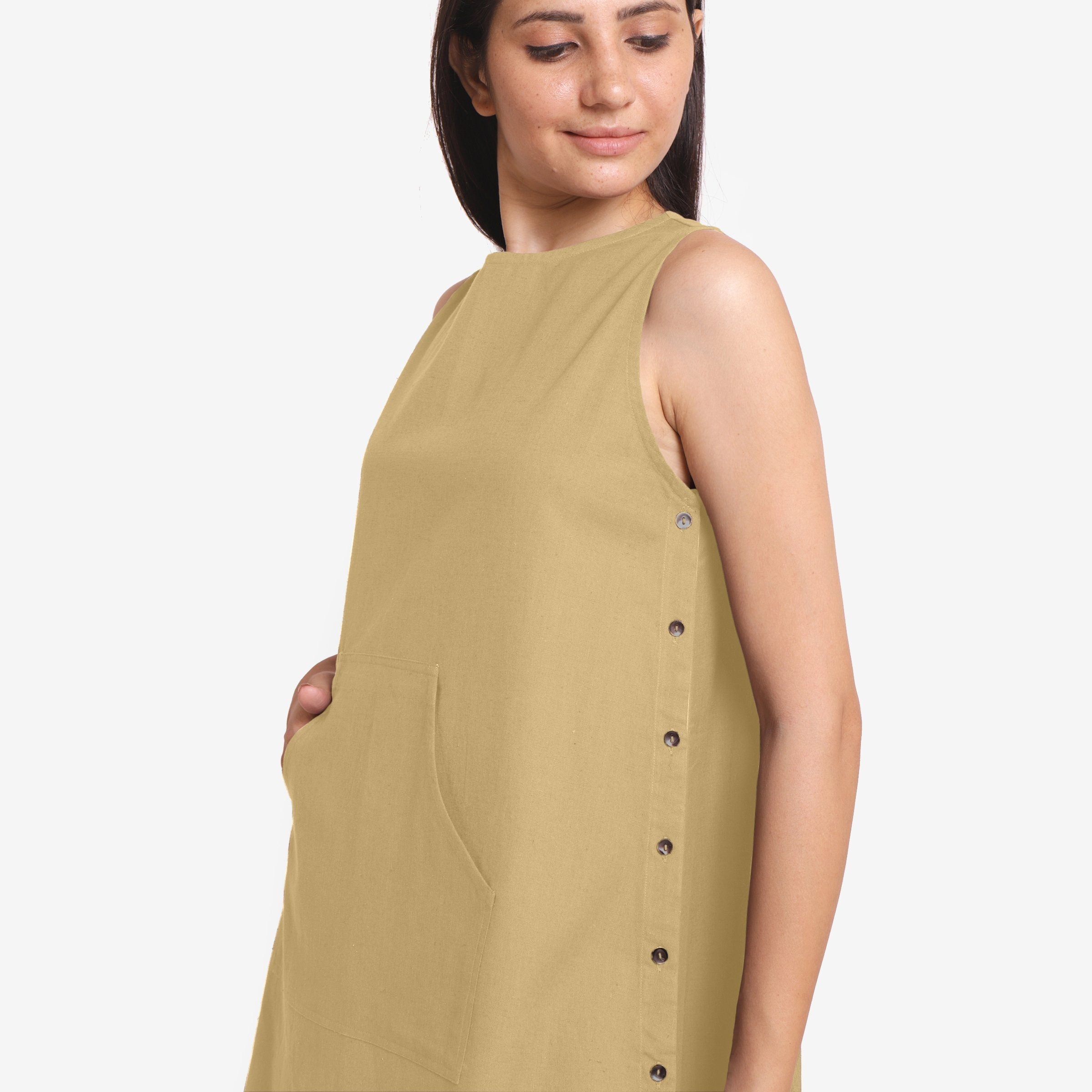 Left Detail of a Model wearing Light Khaki Cotton Flax Kangaroo Pocket Dress