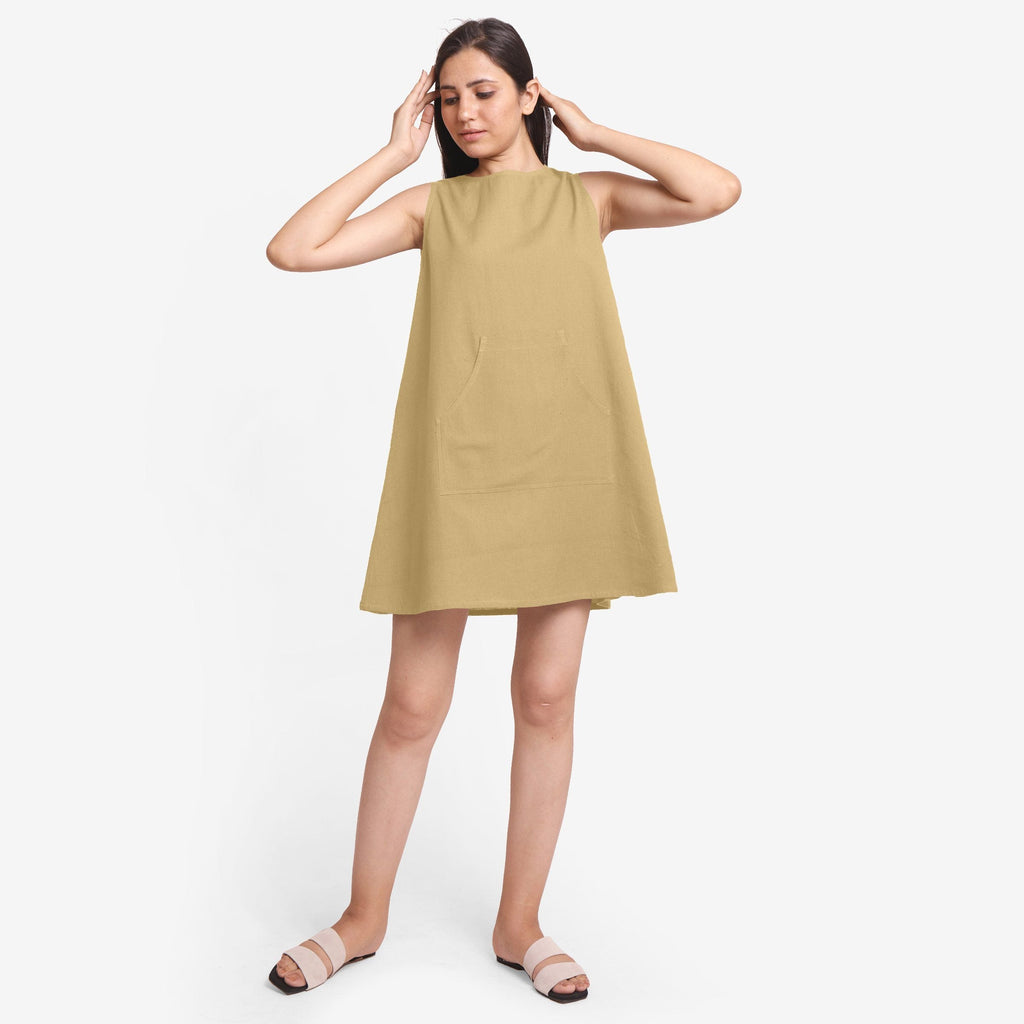 Front View of a Model wearing Light Khaki Cotton Flax Kangaroo Pocket Dress