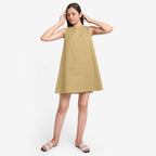 Front View of a Model wearing Light Khaki Cotton Flax Kangaroo Pocket Dress