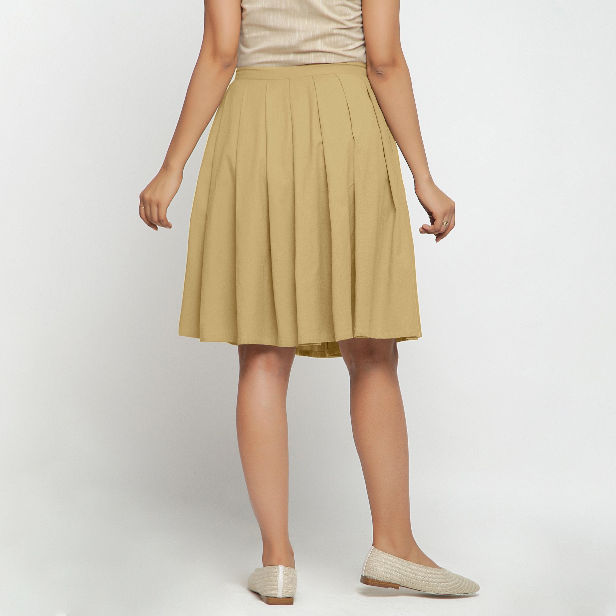 Back View of a Model wearing Light Khaki Cotton Flax Pleated Skirt